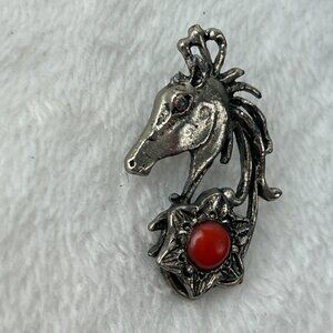 Vintage Horse Silver Tone Enamel  Lapel Pin with Red Stone